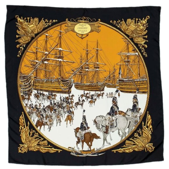 HERMES Silk Scarf Carre 90 Marine et Cavalerie by Philippe Ledoux Black Gold - Picture 1 of 5